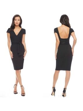 DRESS THE POPULATION Black Cap Sleeve Sheath Wrap Tie Back Dress 2